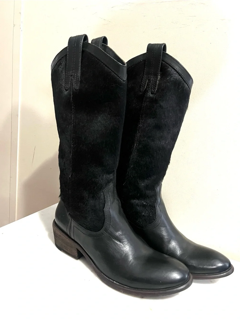 Frye Black Leather and Haircalf Over-the-Knee Boots